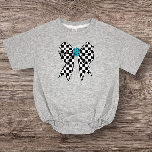 Turquoise Checkered Bow Tee